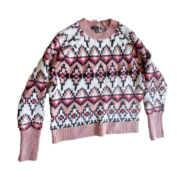 ANN TAYLOR White pink Fair Isle womens V-Neck Cardigan Sweater size Medium - Picture 3 of 9